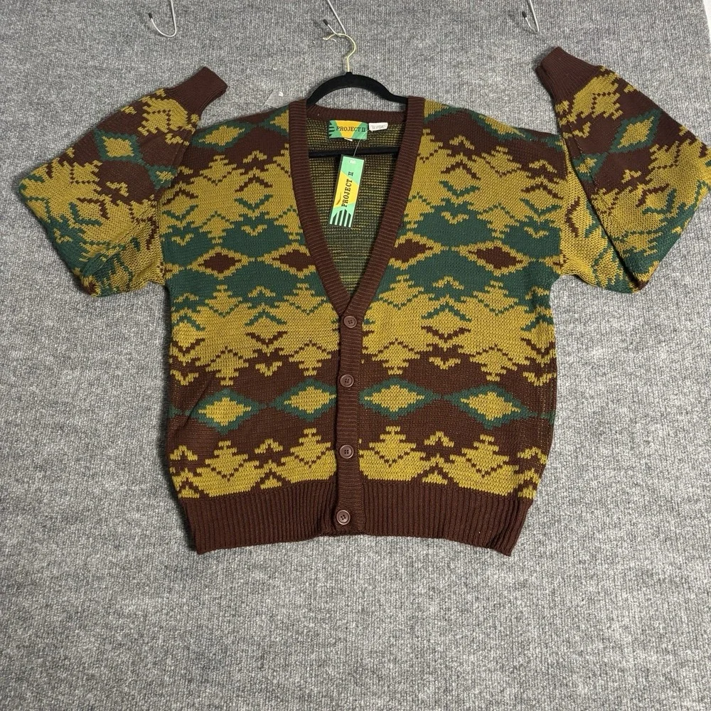 Vintage Project‎ II Sweater Mens Medium Brown Cardigan Aztec Geometric Knit 90s